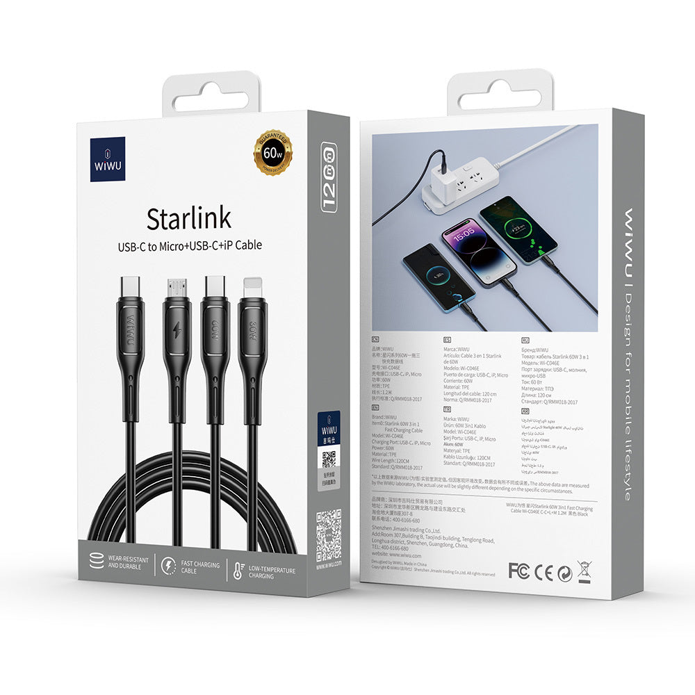 Wiwu Wi-C046E Starlink Serisi 3in1 USB-C to Lightning – Type-C – Micro Şarj ve Data Kablosu 60W 1.2M Wiwu Wi-C046E Starlink Serisi 3in1 USB-C to Lightning – Type-C – Micro Şarj ve Data Kablosu 60W 1.2M